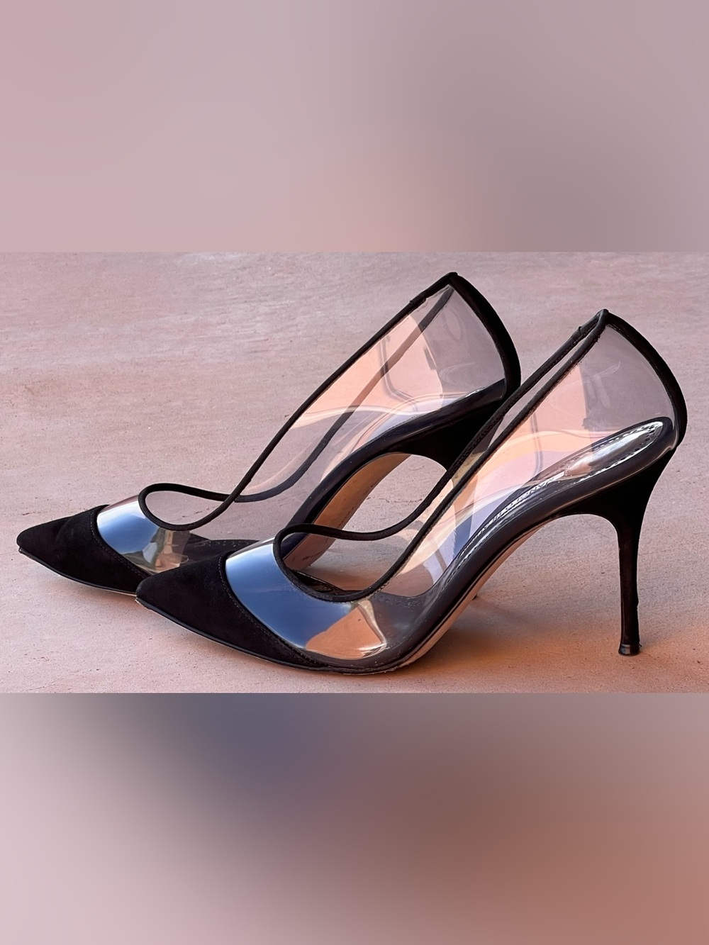 Manolo Blahnik Pacha Black Suede PVC Clear Pointed Toe Pumps Heels Size 38.5
